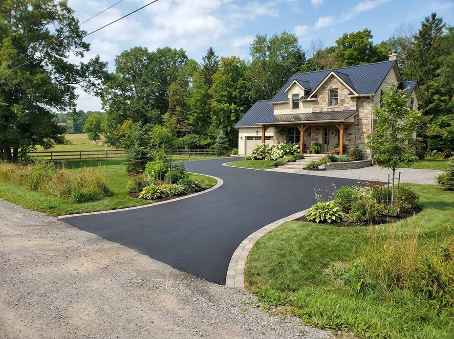 Freshly paved asphalt driveway curving past a stone house