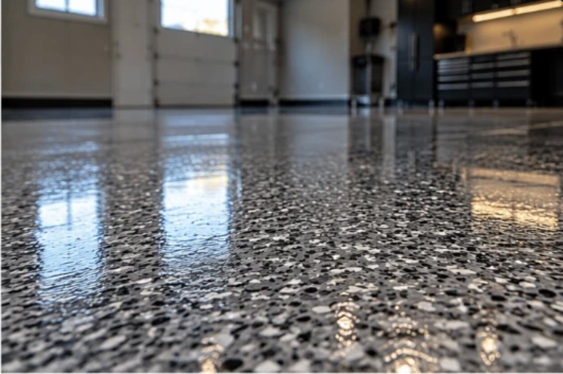 Close-up of gray, black and white flake chips under a clear epoxy topcoat