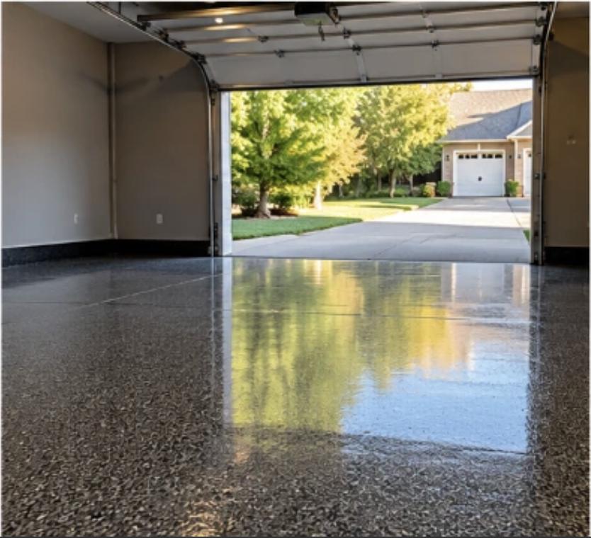 Glossy flake epoxy garage floor at an open garage door