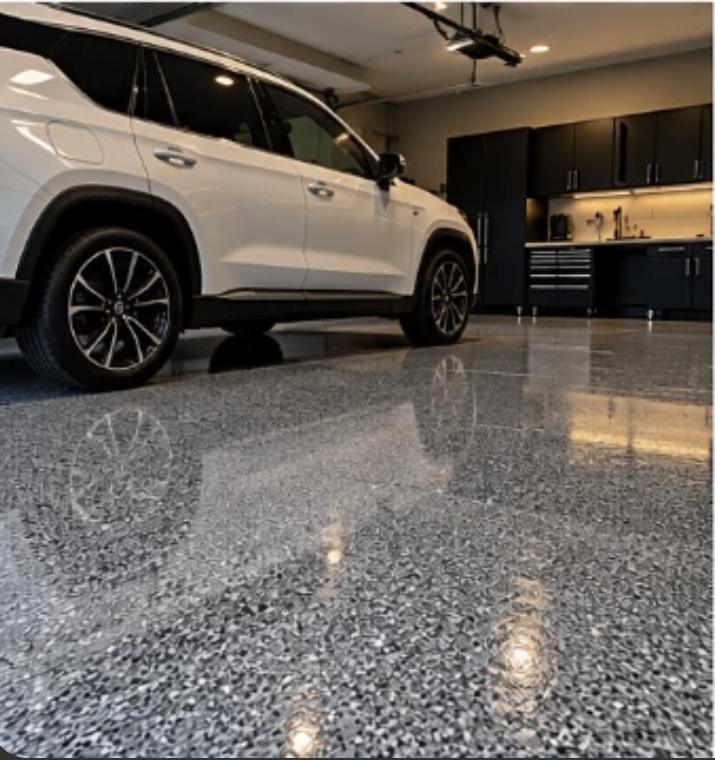 White SUV parked on a glossy flake epoxy garage floor