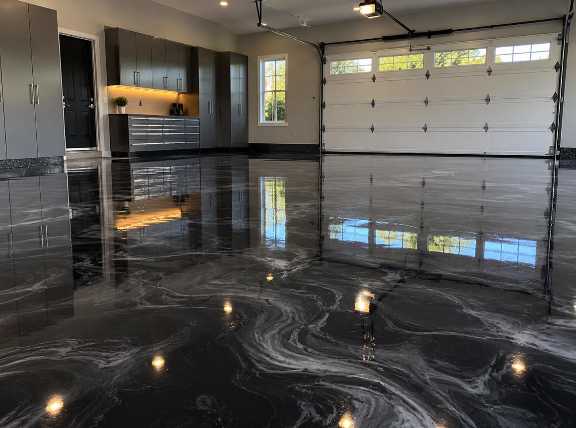 Garage with a black and silver marbled metallic epoxy floor