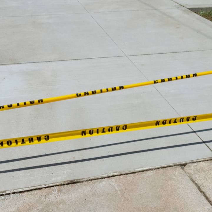 New light gray concrete driveway slab taped off while it cures